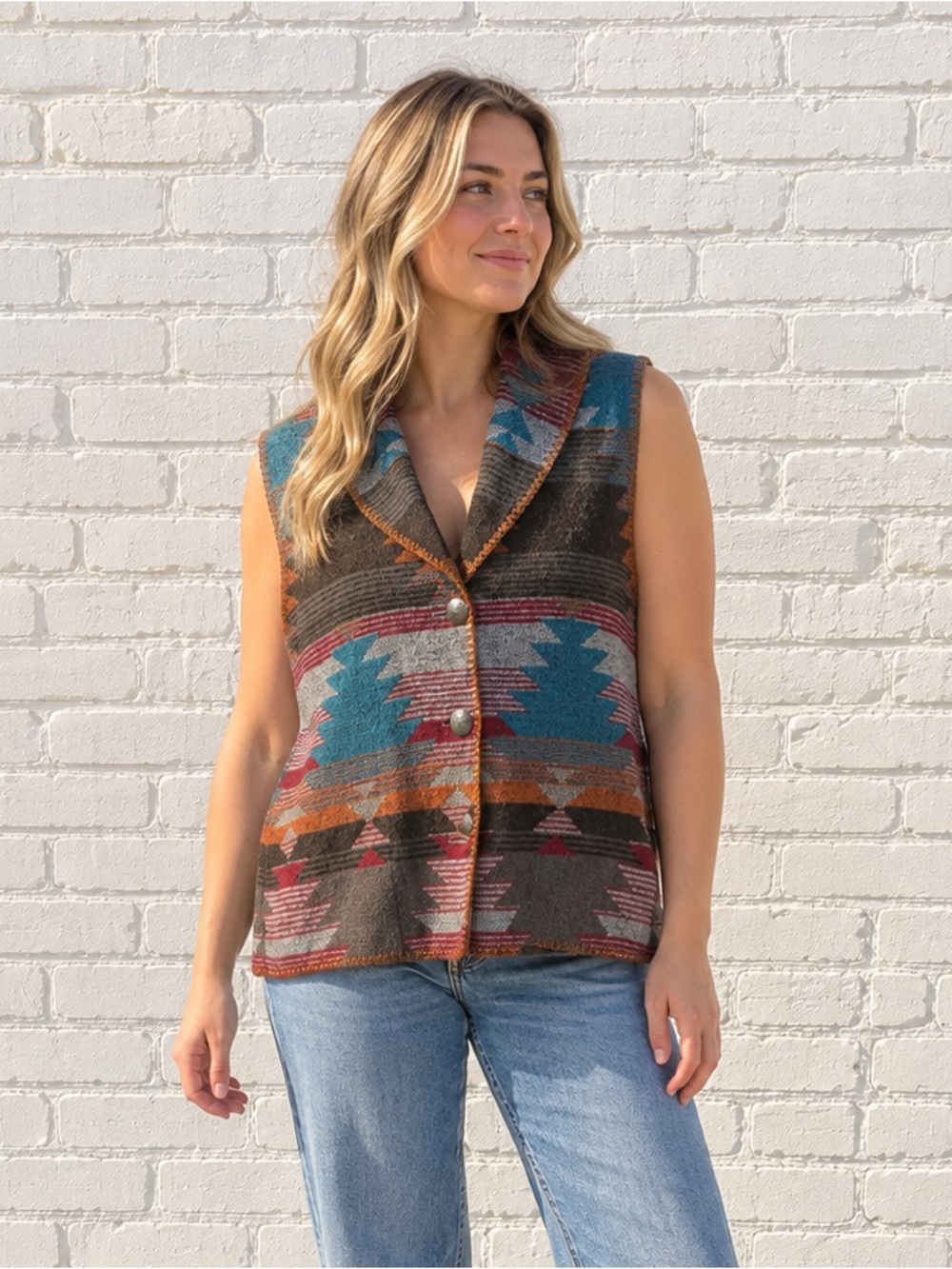 Vintage Women’s Size Large Wool Southwestern Aztec Blanket Vest Western Boho 90s
